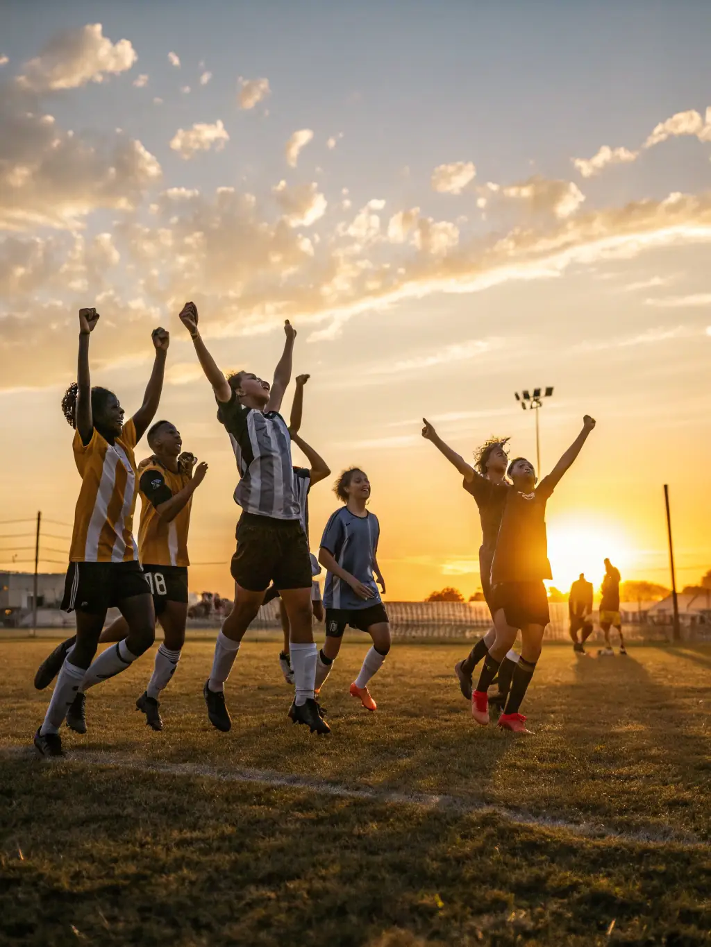 A dynamic shot of players celebrating a goal at Turf City Kenya, capturing the vibrant community atmosphere and the joy of the game.